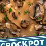 Pinterest graphic for Crock Pot Chicken Marsala recipe. Image shows close up view of Crock Pot Chicken Marsala. Text says, "Crockpot Chicken Marsala simplejoy.com."