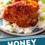 Pinterest graphic for Honey Garlic Chicken Thighs recipe. Image shows Honey Garlic Chicken Thighs served with rice. Text says, "Honey Garlic Chicken simplejoy.com."