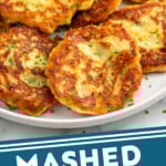 Pinterest graphic for Mashed Potato Pancakes recipe. Image shows a plate of Mashed Potato Pancakes garnished with chopped chives. Text says, "Mashed Potato Pancakes simplejoy.com."