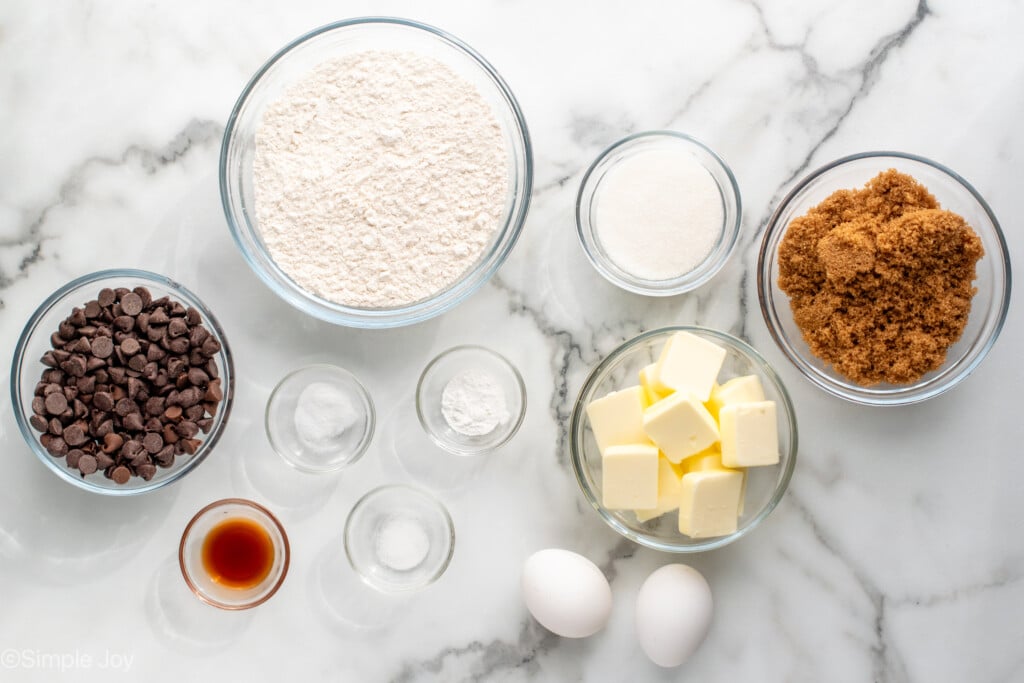 Overhead view of ingredients on countertop for Brown Butter Chocolate Chip Cookies recipe - 5