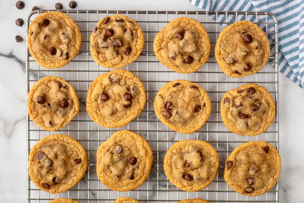 Overhead view Brown Butter Chocolate Chip Cookies on a cooling rack - 12