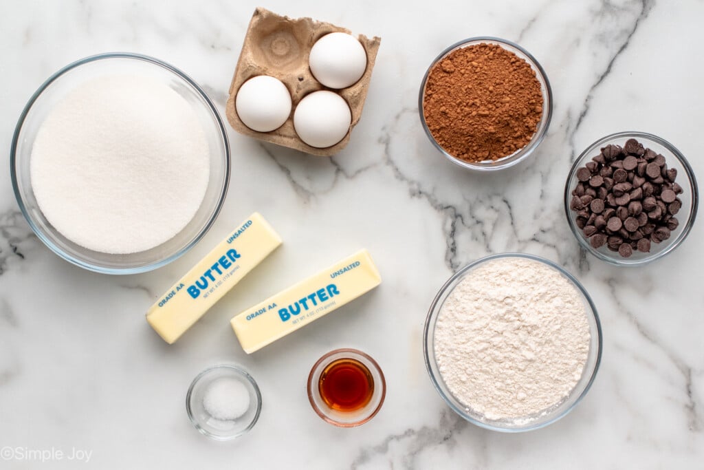Overhead view of ingredients on countertop for Fudgy Brownie Recipe. - 6