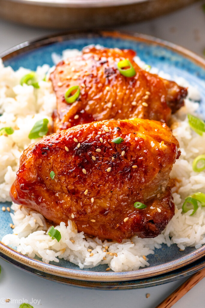 Plate of rice with Honey Garlic Chicken Thighs, garnished with sesame seeds and chopped green onions