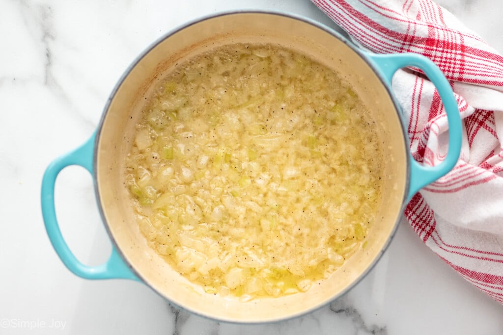 Overhead view of a pot of ingredients for Potatoes Au Gratin recipe - 5