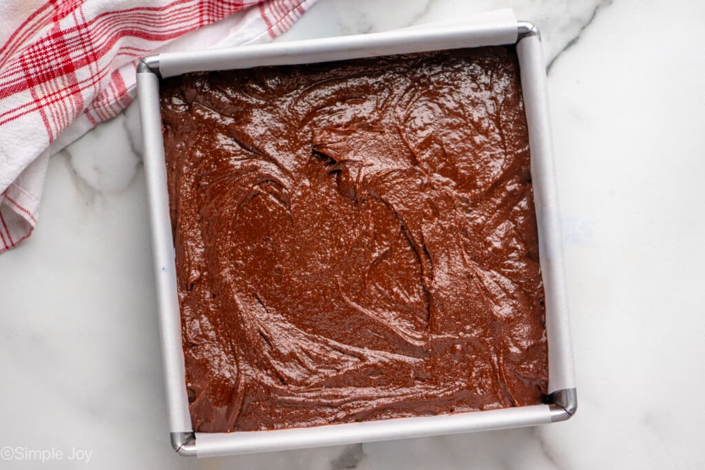 Overhead view of baking dish with Fudgy Brownie Recipe before baking - 11