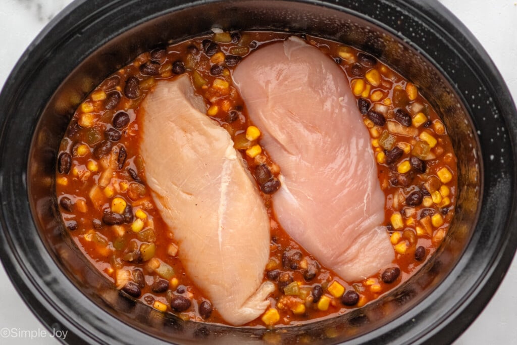 Overhead view of a crock pot with ingredients, including raw chicken breasts, for Crockpot Chicken Enchilada Casserole recipe before cooking. - 6