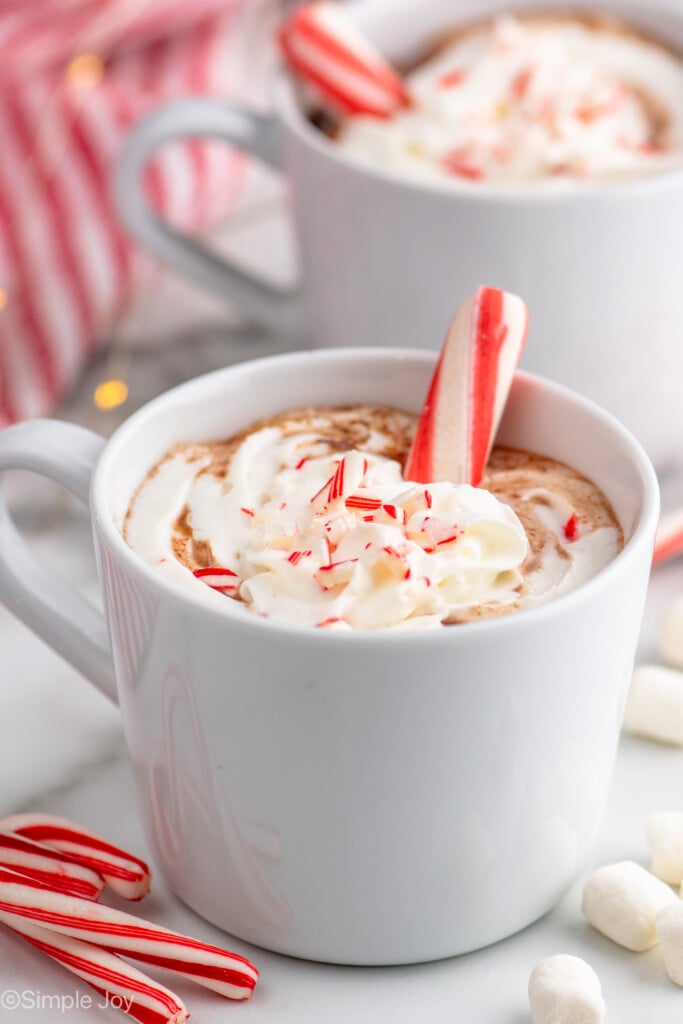 Mug of Peppermint Hot Chocolate garnished with whipped cream and candy canes, marshmallows and candy canes beside. - 6