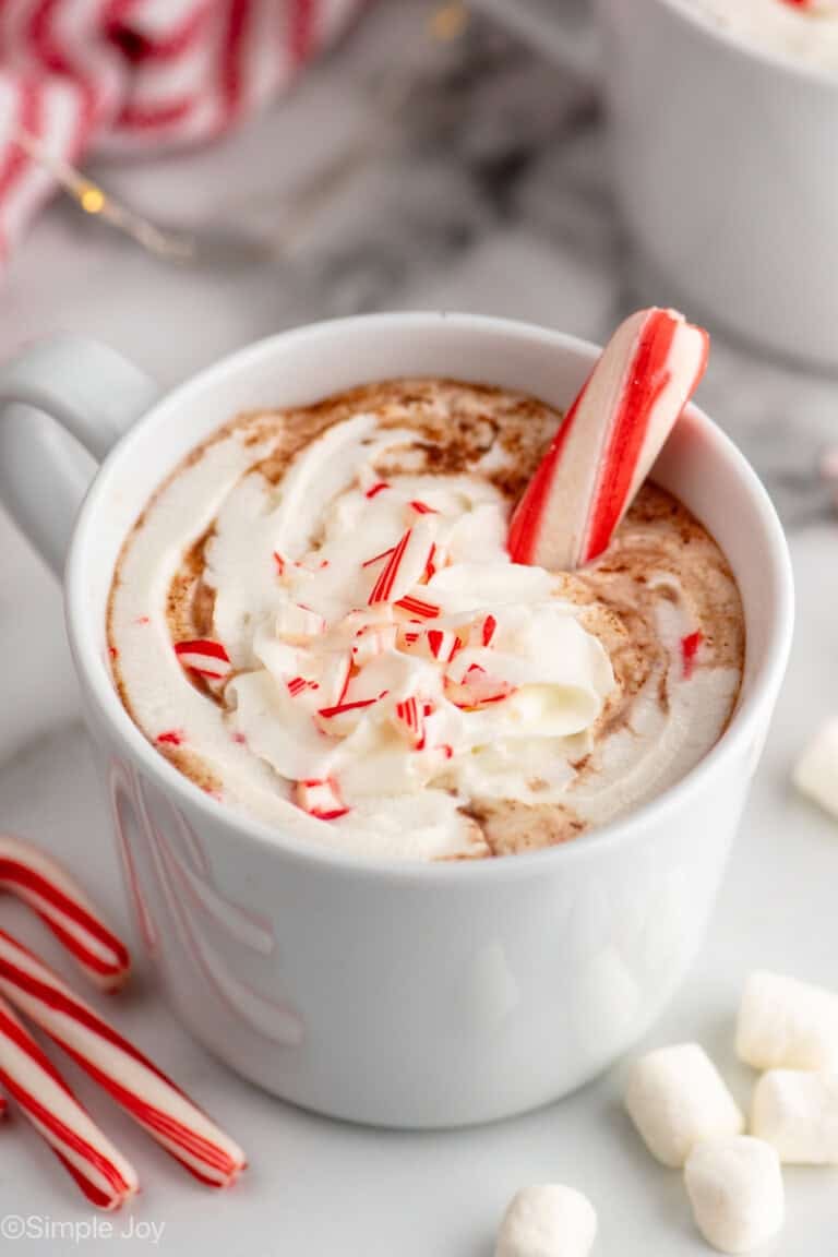 Mug of Peppermint Hot Chocolate garnished with whipped cream and candy canes, marshmallows and candy canes beside.