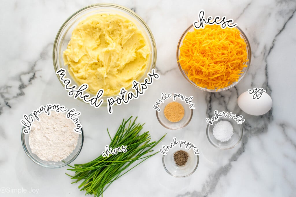 Overhead view of ingredients for Mashed Potato Pancakes recipe on countertop - 4