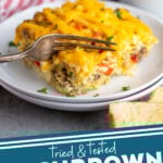 Pinterest graphic for Hashbrown Breakfast Casserole recipe. Image shows a piece of Hashbrown Breakfast Casserole served on a plate with a fork, cup of coffee beside. Text says, "tried & tested Hashbrown Breakfast Casserole simplejoy.com."