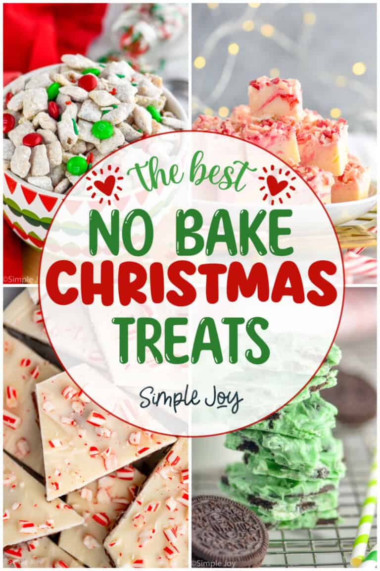 collage of four photos of treats with a circle graphic in the middle that says, "the best no bake Christmas treats simple joy"