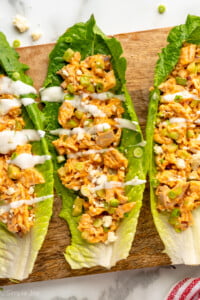 Overhead view of lettuce topped with Buffalo Chicken Salad garnished with blue cheese crumbles and dressing. - 11