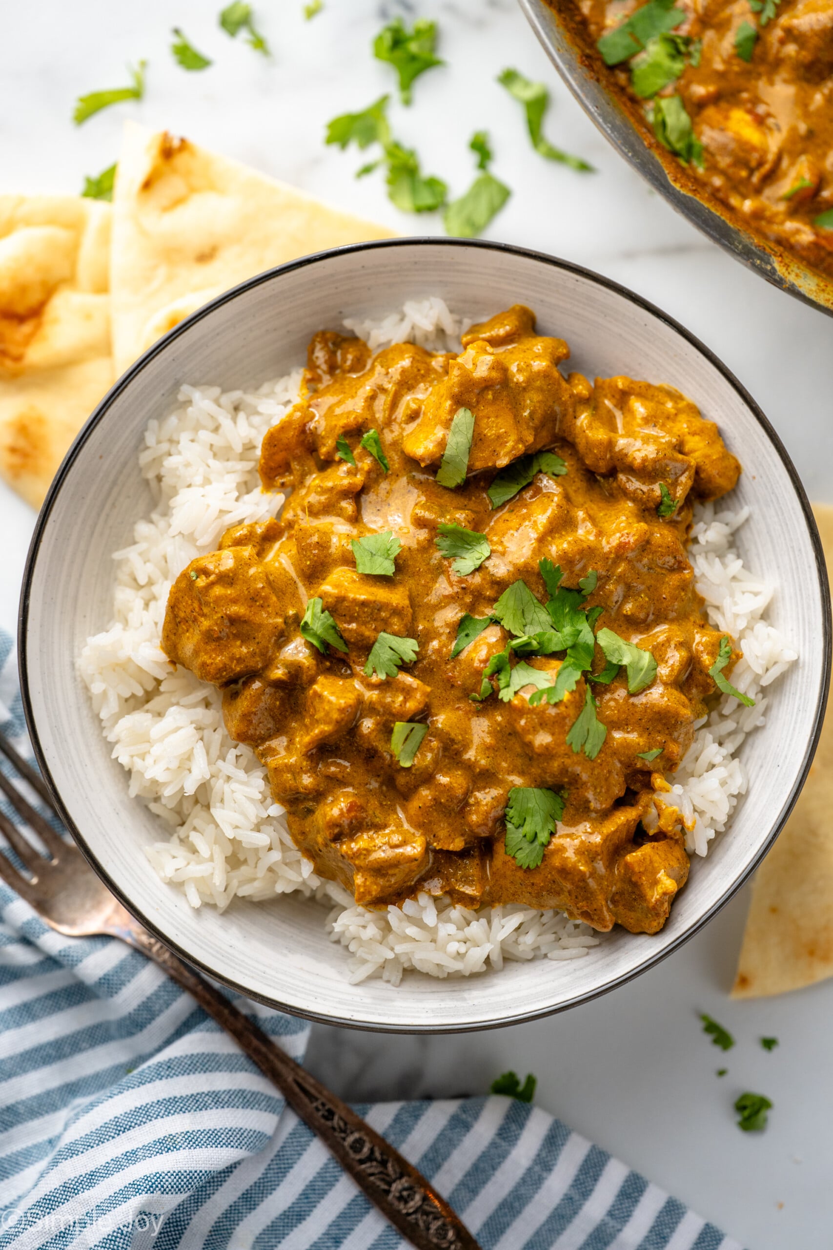 Overhead view of bowl of rice topped with Chicken Curry garnished with cilantro, naan bread beside
