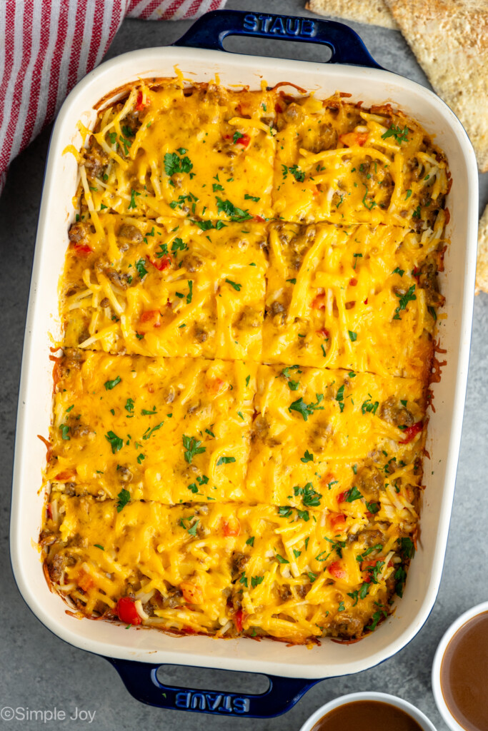 Overhead view of a baking dish of Hashbrown Breakfast Casserole - 12