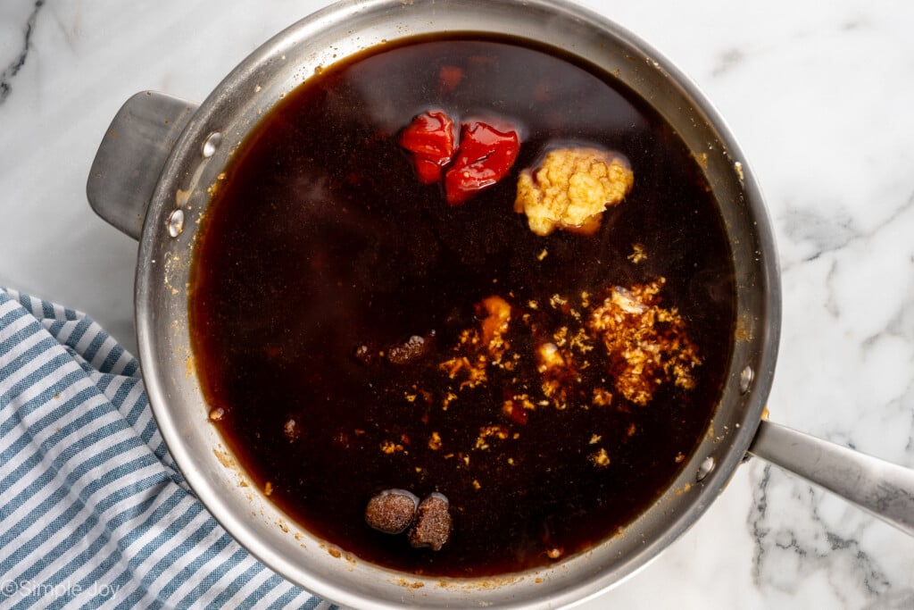 Overhead view of ingredients for Bourbon Chicken recipe sauce - 9