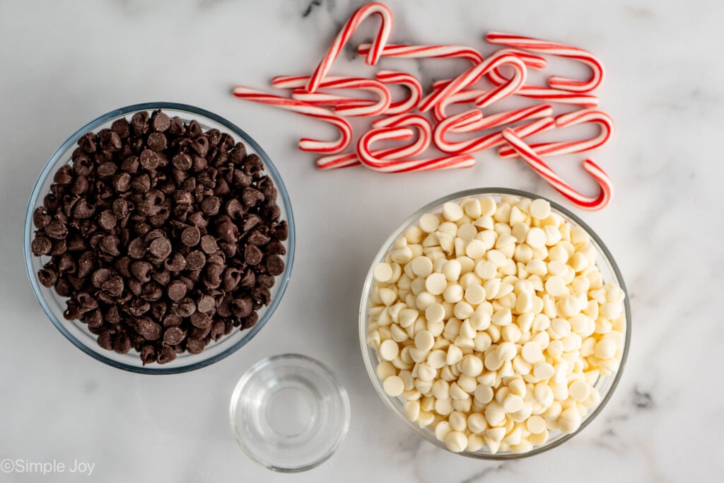 Overhead view of ingredients for Peppermint Bark recipe on countertop - 5
