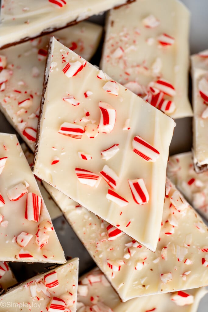 Overhead close up view of Peppermint Bark topped with crushed candy canes. - 11