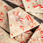 Overhead close up view of Peppermint Bark topped with crushed candy canes. - 13
