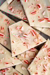 Overhead close up view of Peppermint Bark topped with crushed candy canes. - 12