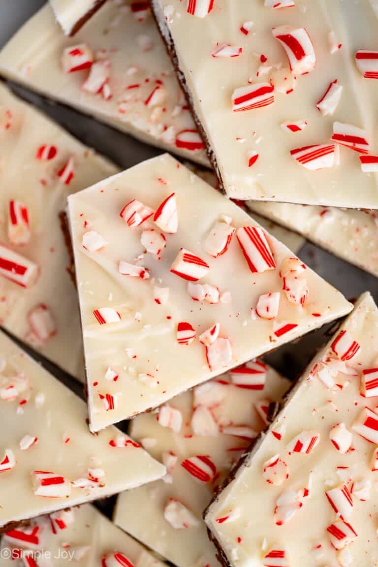 Overhead close up view of Peppermint Bark topped with crushed candy canes.