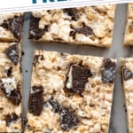 Pinterest graphic for Oreo Rice Krispie Treats recipe. Text says, "the best Oreo Rice Krispie Treats simplejoy.com." Image shows close up view of Oreo Rice Krispie Treats cut into squares.