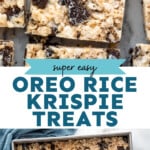 Pinterest graphic for Oreo Rice Krispie Treats recipe. Top image shows close up view of Oreo Rice Krispie Treats. Bottom image is overhead view of a pan of Oreo Rice Krispie Treats. Text says, "super easy Oreo Rice Krispie Treats simplejoy.com."