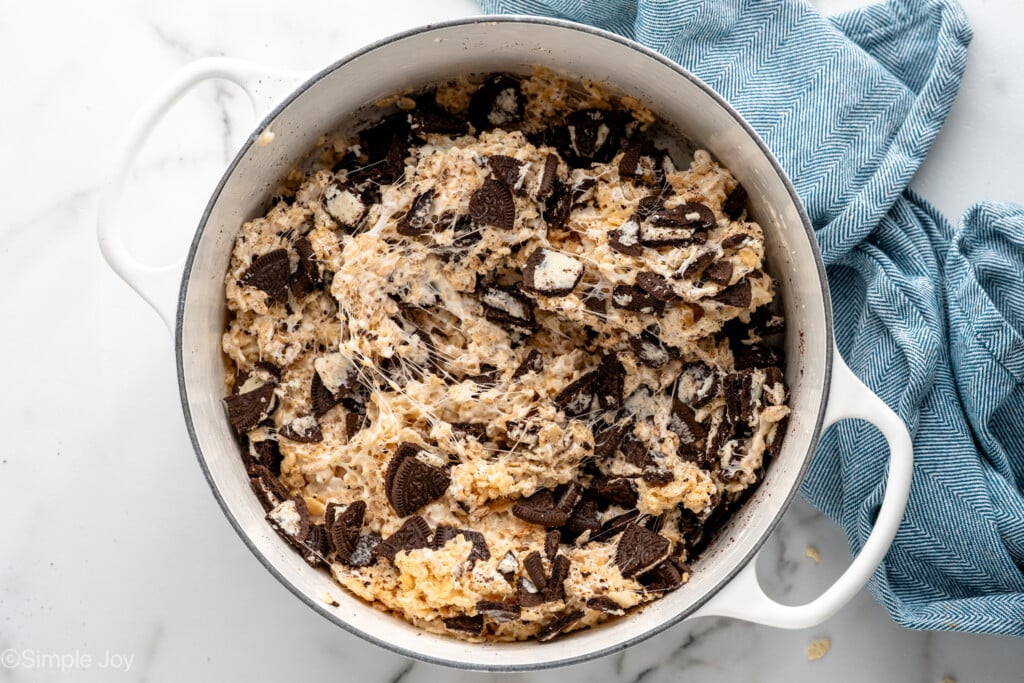 Overhead view of a large pot of Oreo Rice Krispie Treats recipe - 7