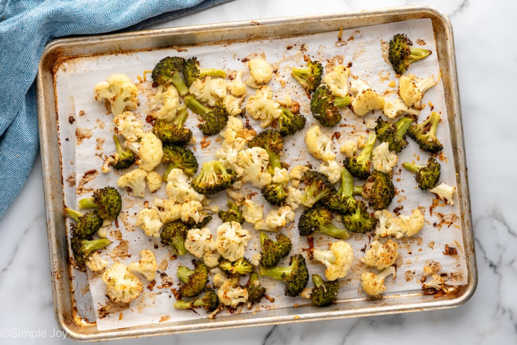 Overhead view of a baking sheet of Roasted Broccoli and Cauliflower - 6