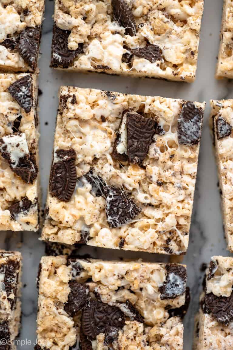 Overhead view of squares of Oreo Rice Krispie Treats