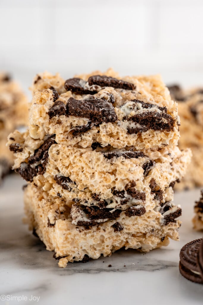 Side view of a stack of Oreo Rice Krispie Treats - 9