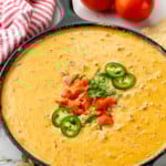 Skillet of Rotel Dip garnished with chopped tomatoes, cilantro, and sliced jalapenos. Tortilla chips and tomatoes beside. - 9