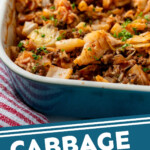 Pinterest graphic for cabbage roll casserole recipe. Image shows a baking dish of cabbage roll casserole. Text says, "cabbage roll casserole simplejoy.com."