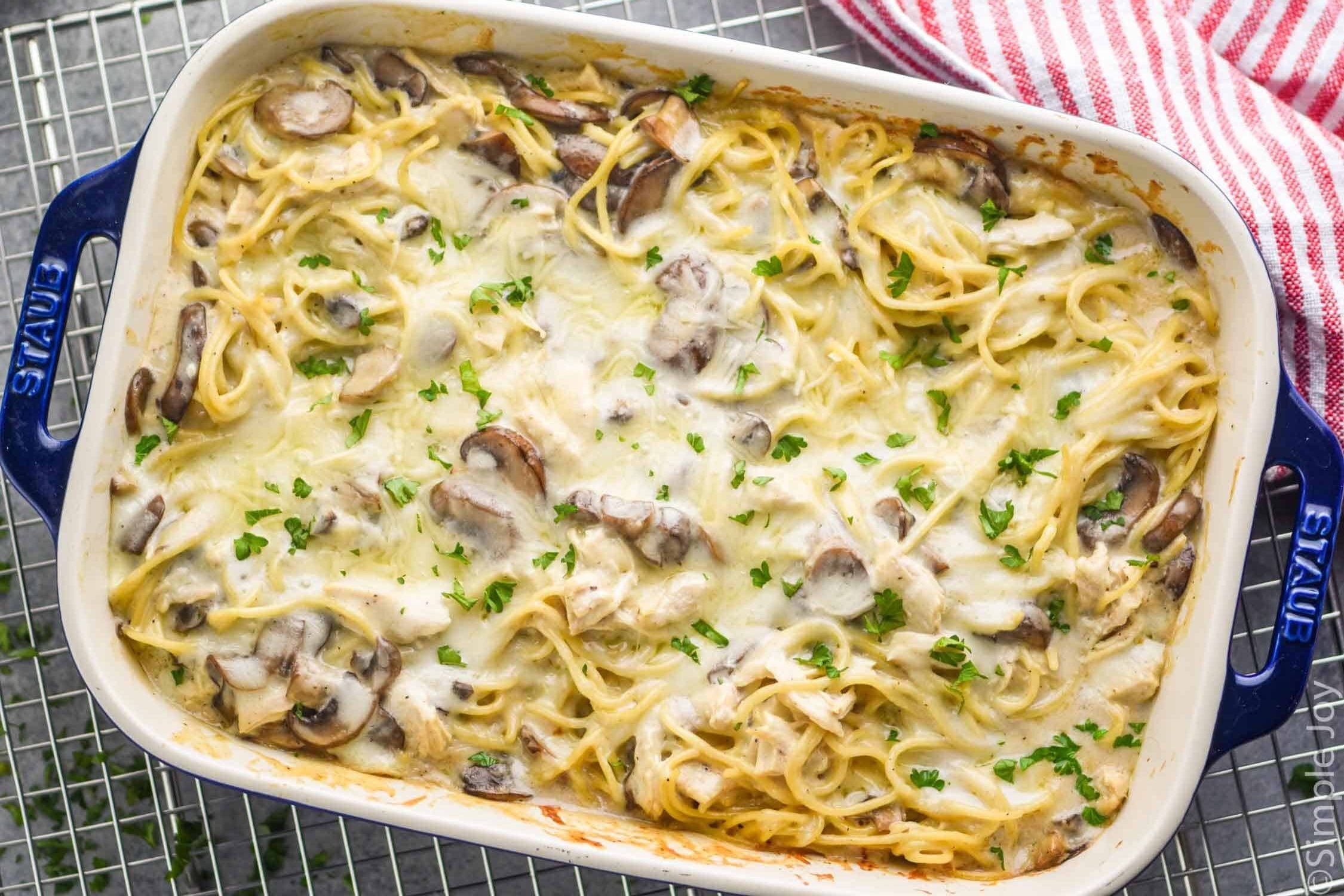 overhead view of a casserole dish full of chicken tetrazzini - 8