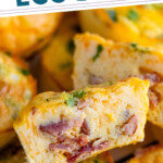 Pinterest graphic for Cottage Cheese Egg Bites recipe. Text says. The best Cottage Cheese Egg Bites simplejoy.com." Image shows close up of the inside of Cottage Cheese Egg Bites