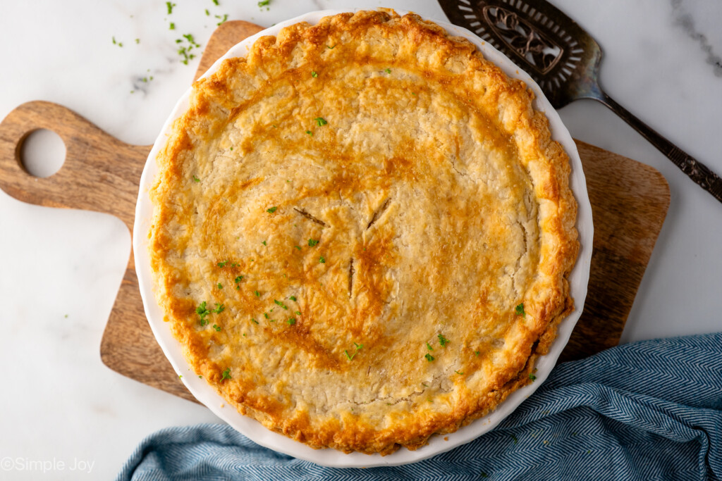 Overhead view of a Chicken Pot Pie with a serving spatula beside