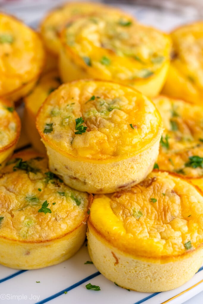 close up of a stack of cottage cheese egg bites on a platter