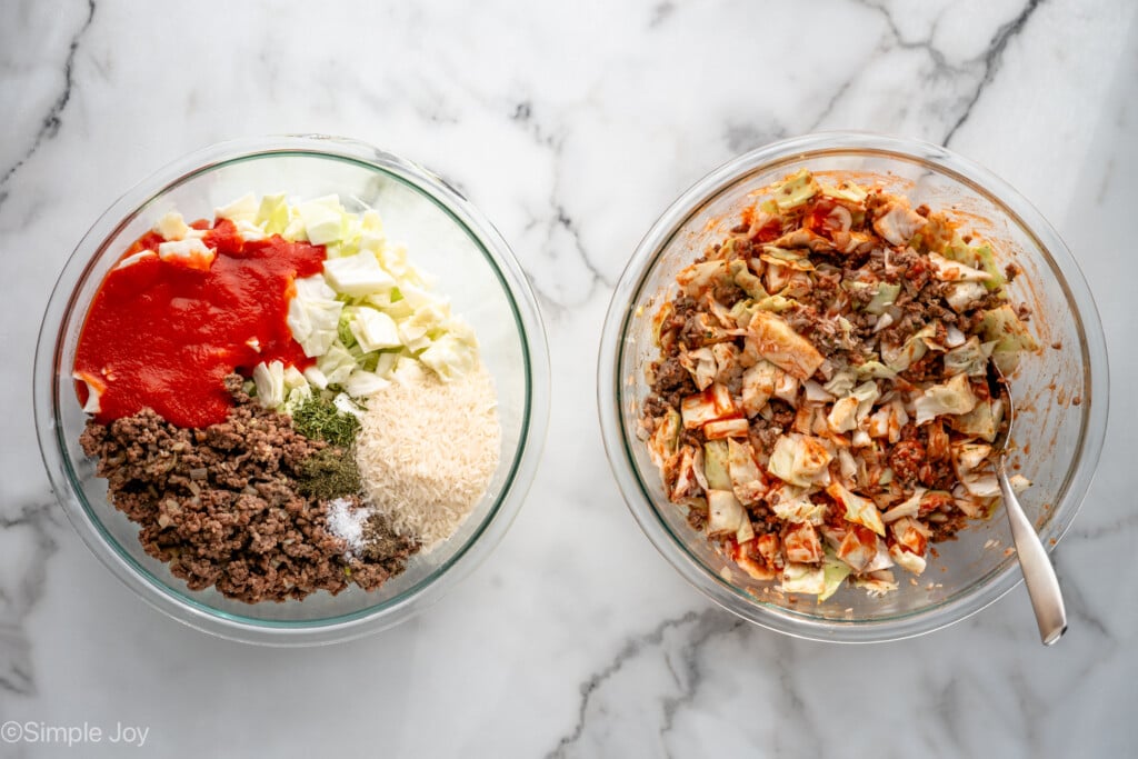 Overhead view of two mixing bowls of ingredients for cabbage roll casserole recipe