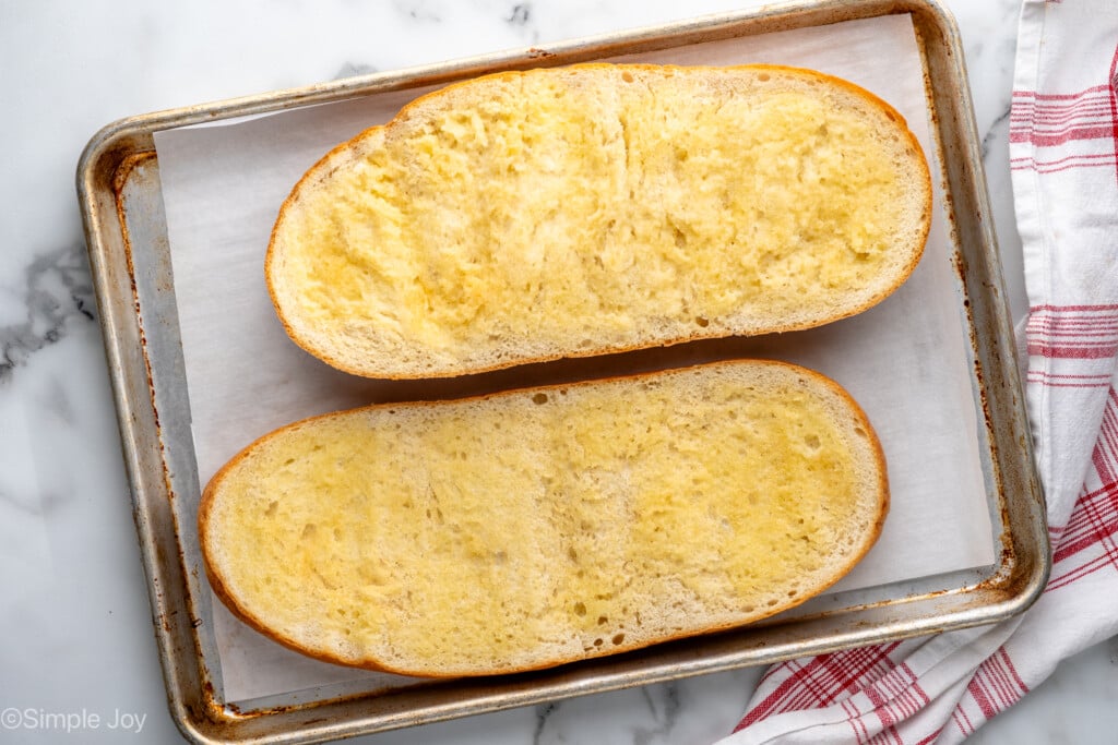 overhead of baked french bread to make french bread pizza