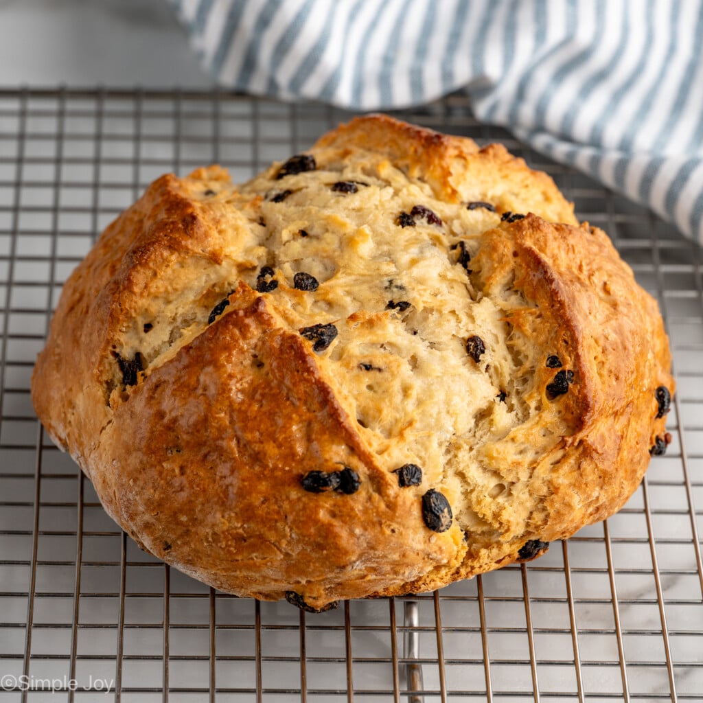Loaf of Irish Soda Bread with raisins on cooling rack