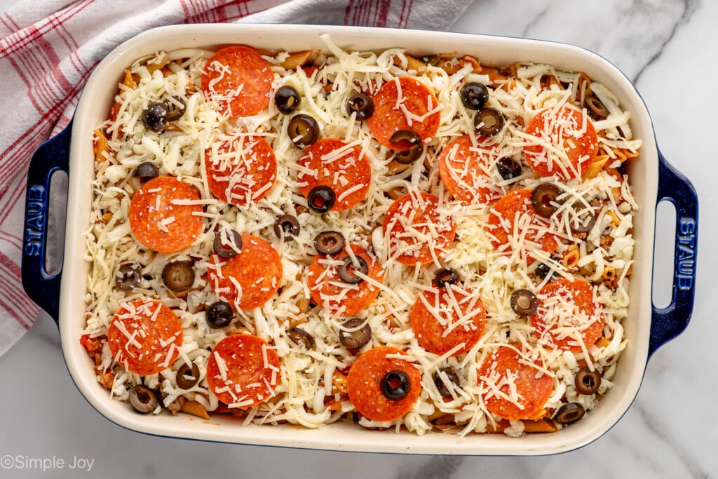 overhead of unbaked pizza casserole