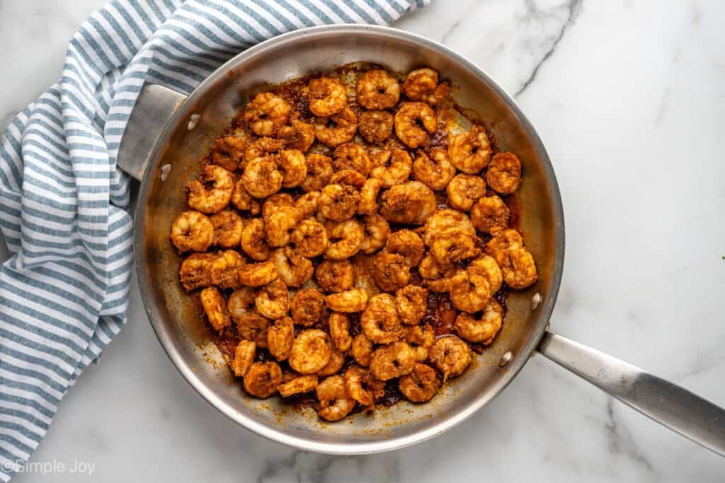 shrimp in a skillet after being marinated and cooked