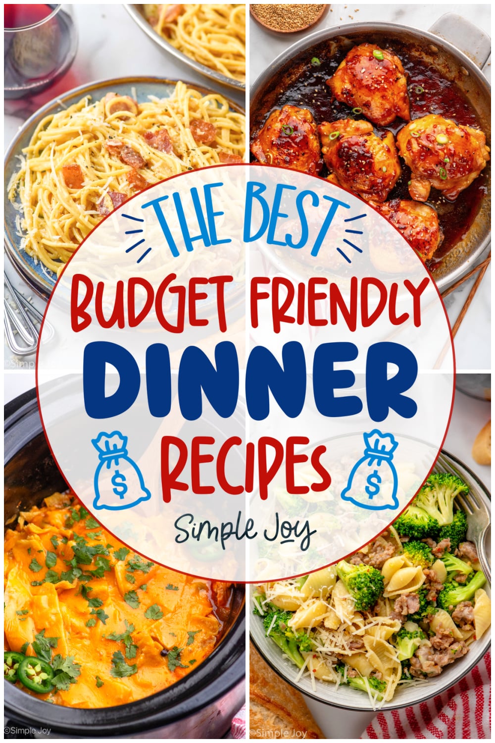 graphic with four photos of dinners that says: the best budget friendly dinner recipes, simple joy"