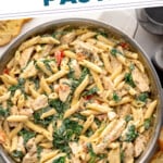 Pinterest graphic for Chicken Penne Pasta recipe. Text says, "the best Chicken Penne Pasta simplejoy.com." Overhead view of a skillet of Chicken Penne Pasta.