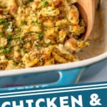 Pinterest graphic for Chicken and Stuffing Casserole recipe. Image shows a baking dish of Chicken and Stuffing Casserole with a wooden spoon scooping some out. Text says, "Chicken & Stuffing Casserole simplejoy.com."