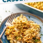 Pinterest graphic for Chicken and Stuffing Casserole recipe. Text says, "crazy easy Chicken & Stuffing Casserole simplejoy.com." Image shows a plate of Chicken and Stuffing Casserole with a fork