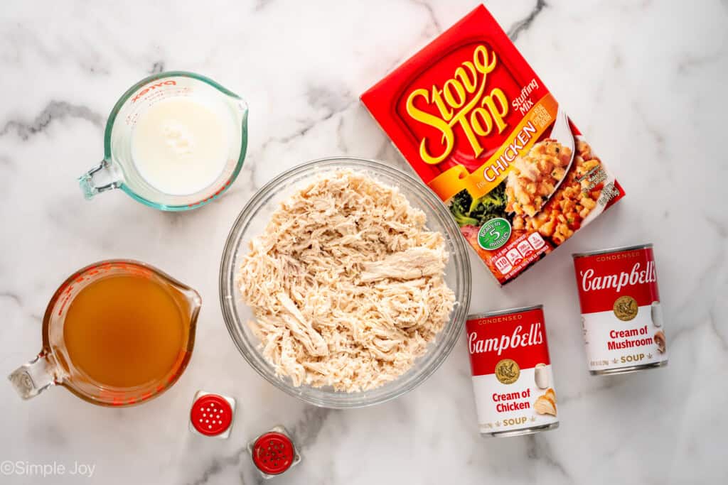 Overhead view of ingredients on countertop for Chicken and Stuffing Casserole recipe