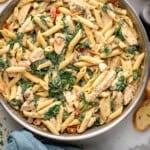 Overhead view of a skillet of Chicken Penne Pasta