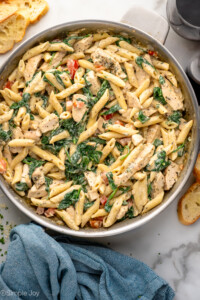 Overhead view of a skillet of Chicken Penne Pasta