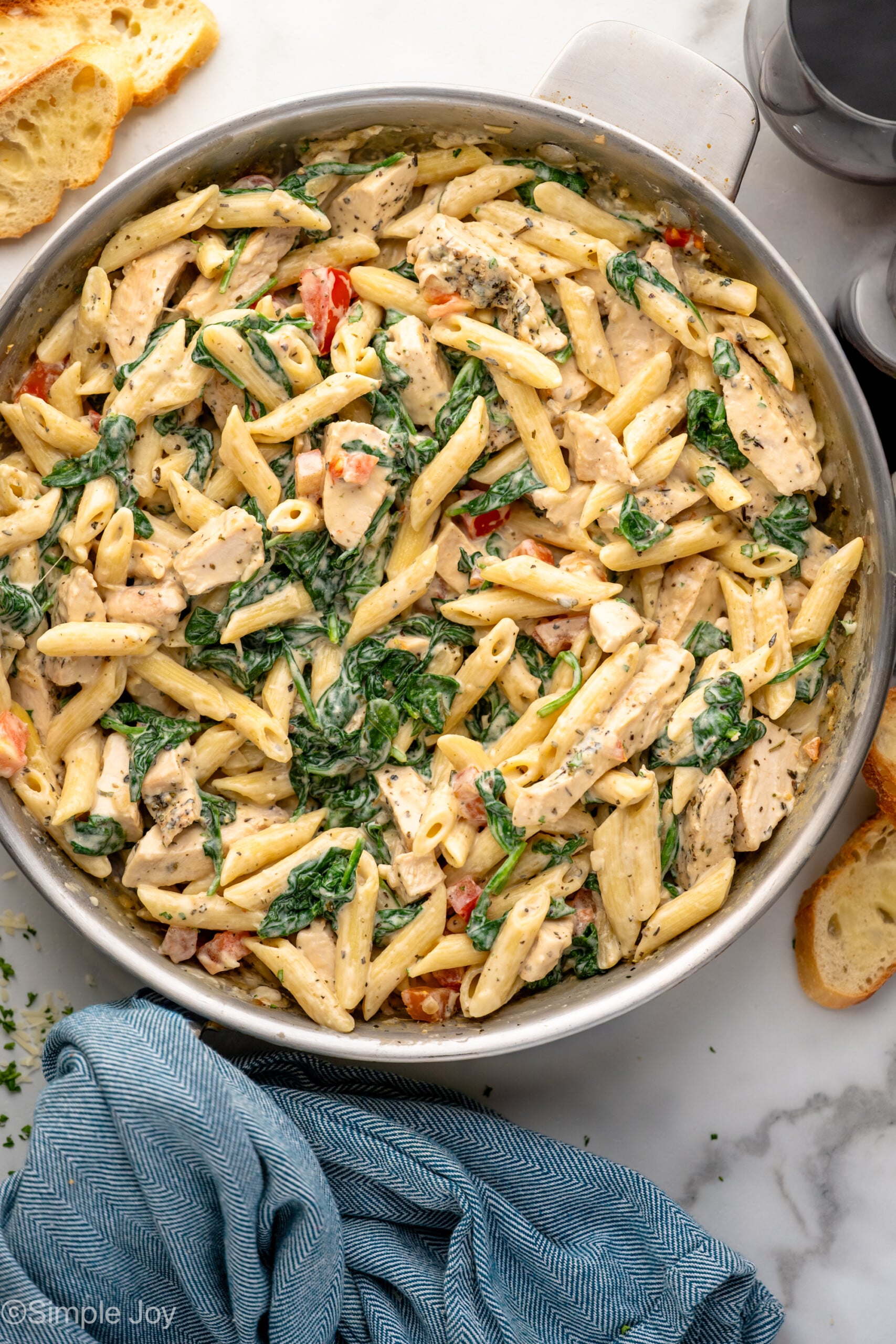 Overhead view of a skillet of Chicken Penne Pasta