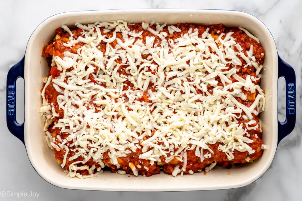 Overhead view of a baking dish of Lasagna Roll Ups recipe before baking